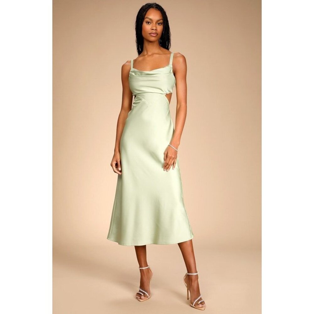 Lulus Stun To Remember Sage Green Satin Cowl Neck Cutout Midi Dress - Size S